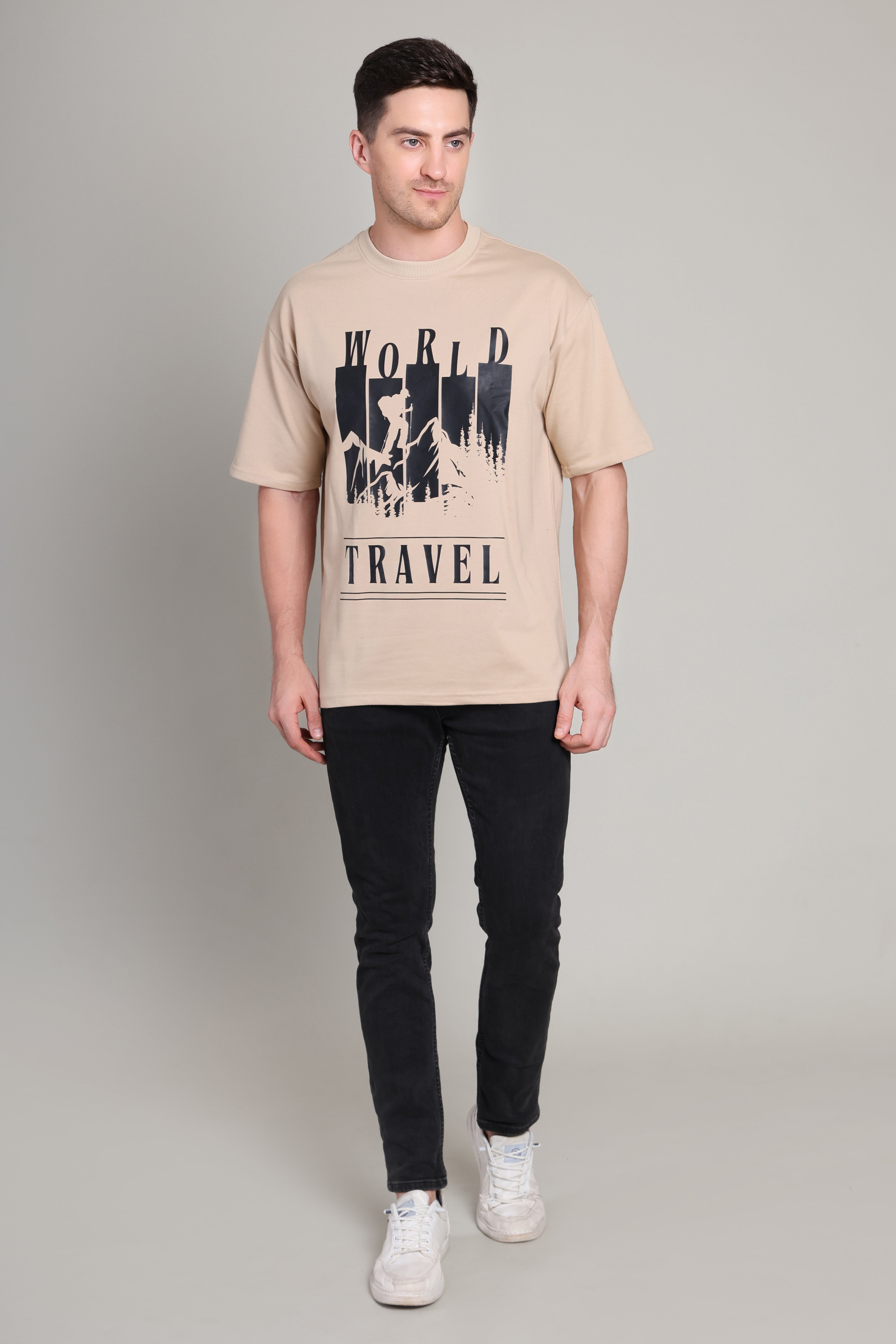 Oversized T Shirt - World Travel - Beige
