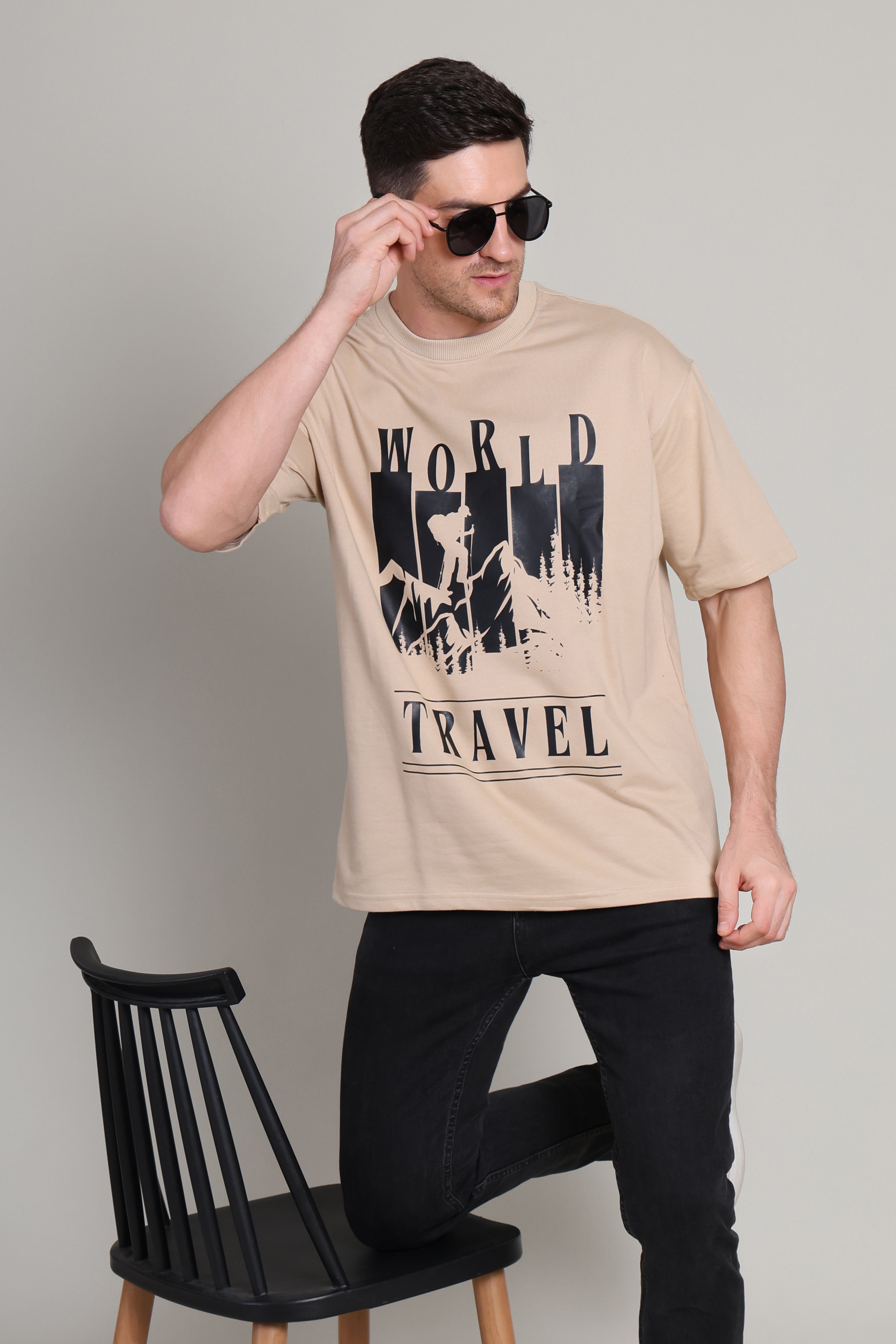 Oversized T Shirt - World Travel - Beige