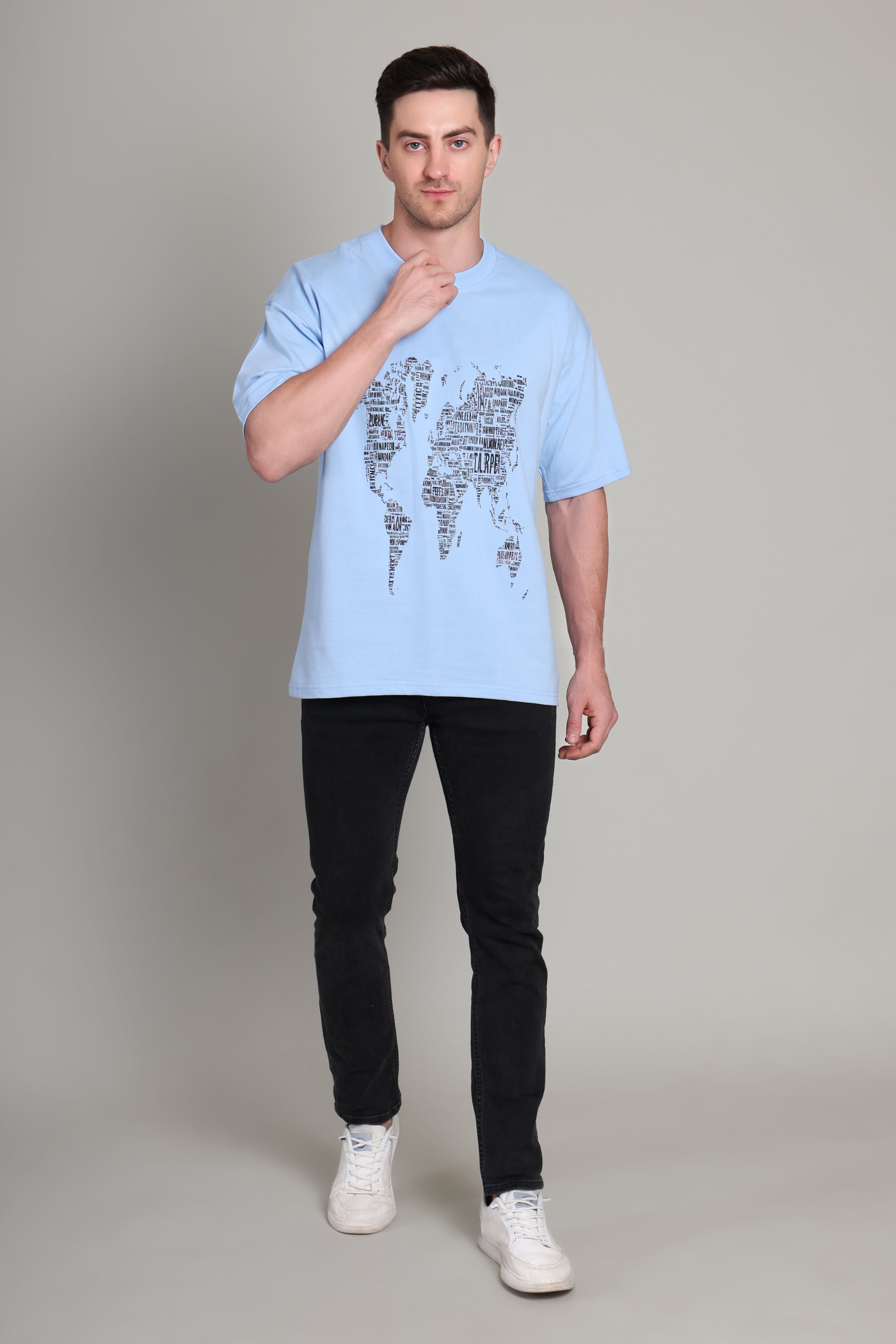 Oversized T Shirt - World Map - Blue