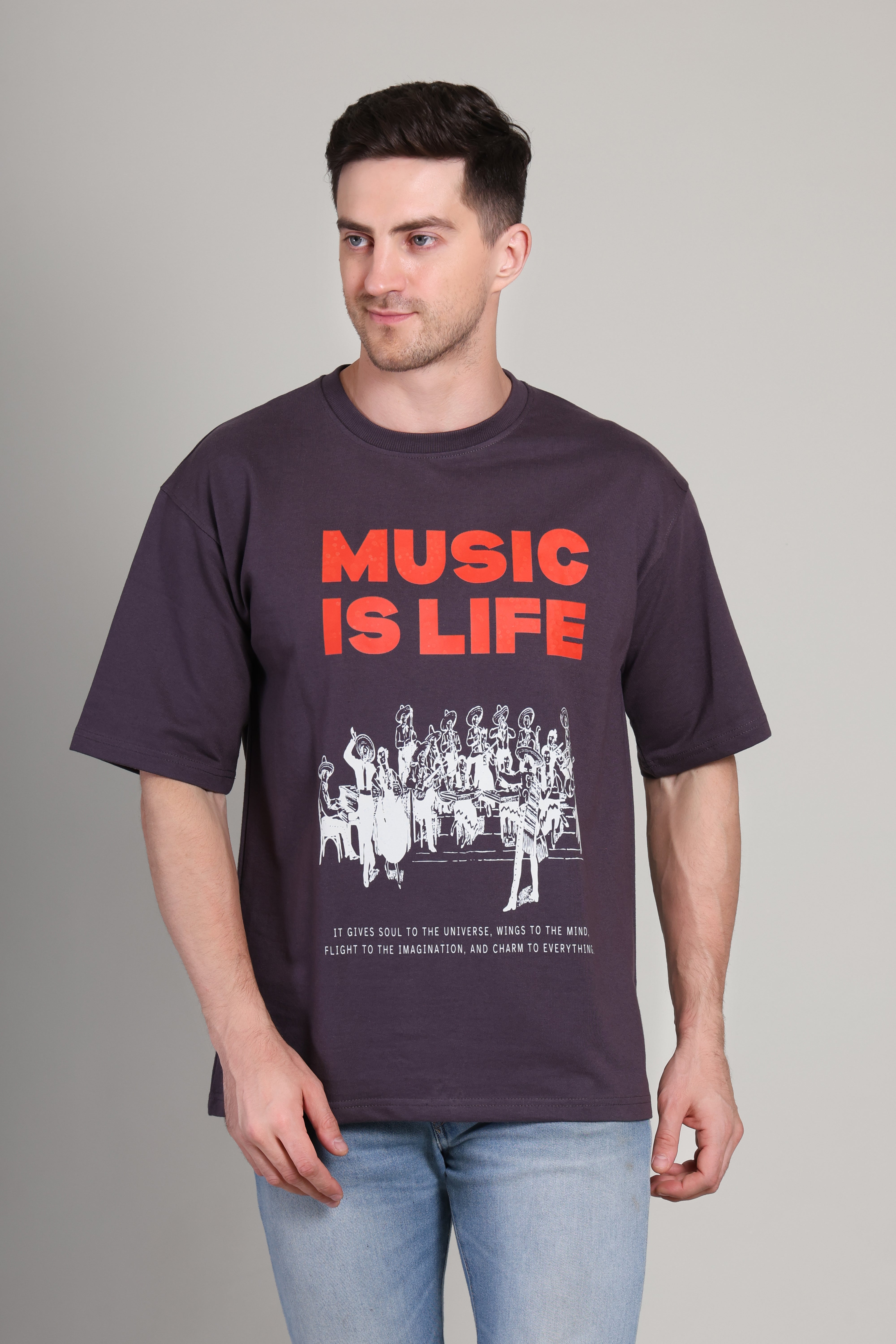 Oversized T Shirt - Music is Life - Grey